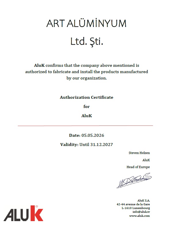 AluK Authorization Certificate – Art Alüminyum